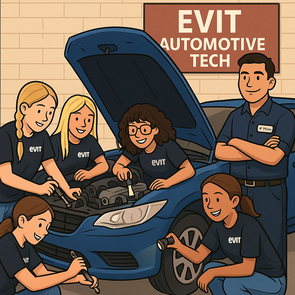 Cartoon illustration of EVIT Automotive Tech students with instructor Mr. Mota. Created with AI for 887thepulse.com.